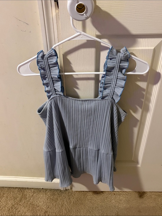 entro Tops - entro Light Blue Ribbed Ruffle Strap Tank Top